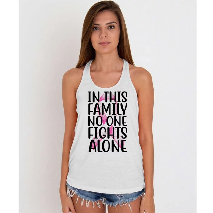 In This Family No One Fights Alone Breast Cancer Ribbon Women's Knotted Racerback Tank