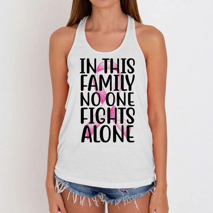 In This Family No One Fights Alone Breast Cancer Ribbon Women's Knotted Racerback Tank