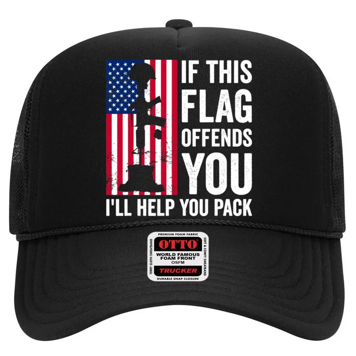 If This Flag Offends You I'll Help You Pack Veteran USA Flag High Crown Mesh Trucker Hat