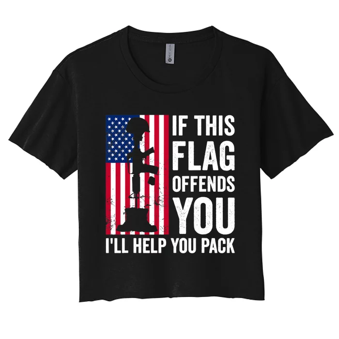 If This Flag Offends You I'll Help You Pack Veteran USA Flag Women's Crop Top Tee