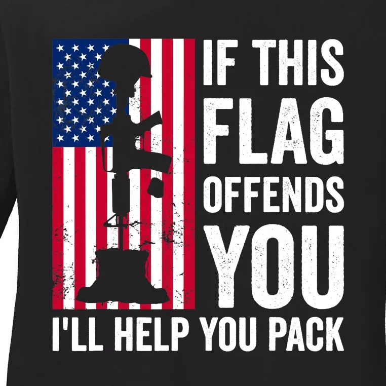 If This Flag Offends You I'll Help You Pack Veteran USA Flag Ladies Long Sleeve Shirt