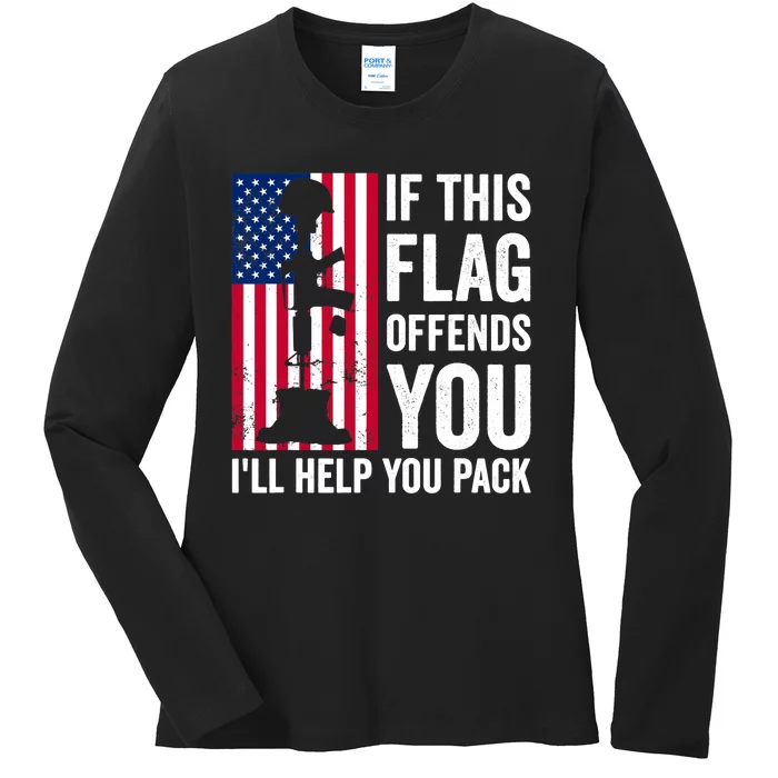 If This Flag Offends You I'll Help You Pack Veteran USA Flag Ladies Long Sleeve Shirt