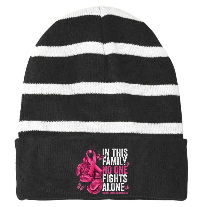 In This Family No One Fight Alone Breast Cancer Awareness Striped Beanie with Solid Band