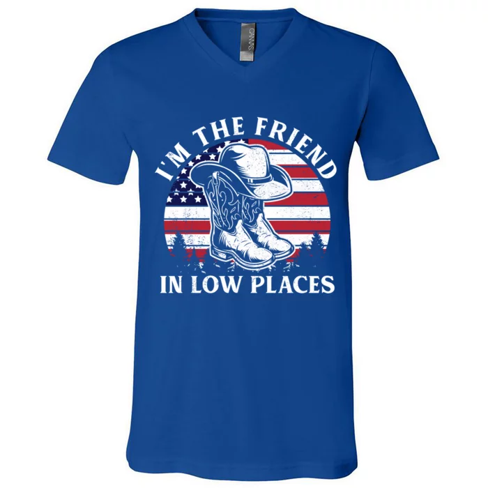 IM The Friend In Low Places Vintage Cow Hat Usa Flag Meaningful Gift V-Neck T-Shirt