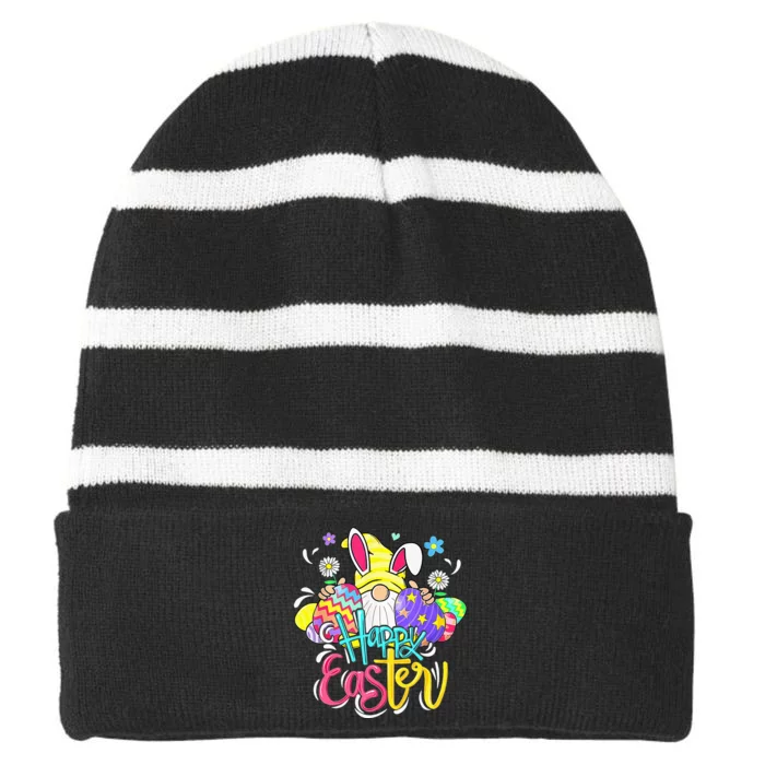 It's Time For Bunny Gnome Rabbit Hunting Happy Easter Day Striped Beanie with Solid Band