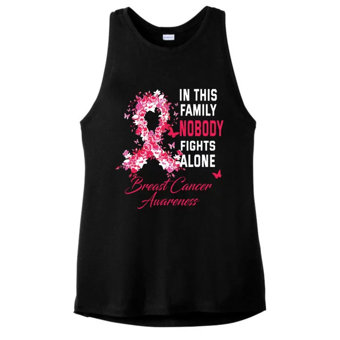 In This Family Nobody Fights Alone Breast Cancer Awareness Ladies Tri-Blend Wicking Tank