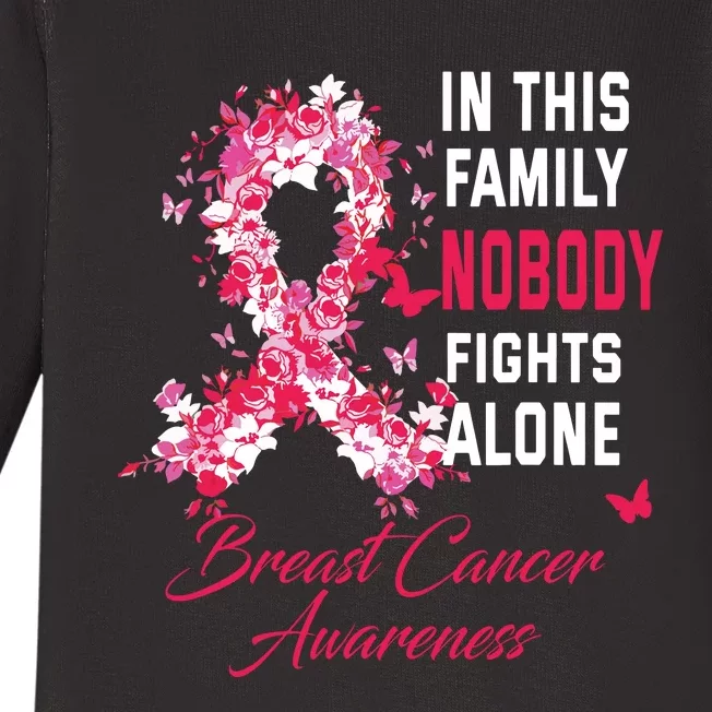 In This Family Nobody Fights Alone Breast Cancer Awareness Baby Long Sleeve Bodysuit