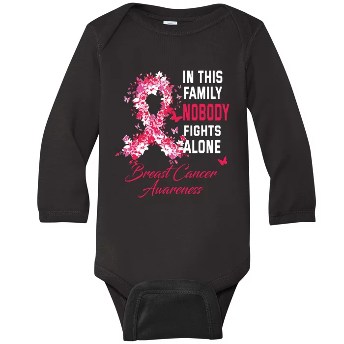 In This Family Nobody Fights Alone Breast Cancer Awareness Baby Long Sleeve Bodysuit