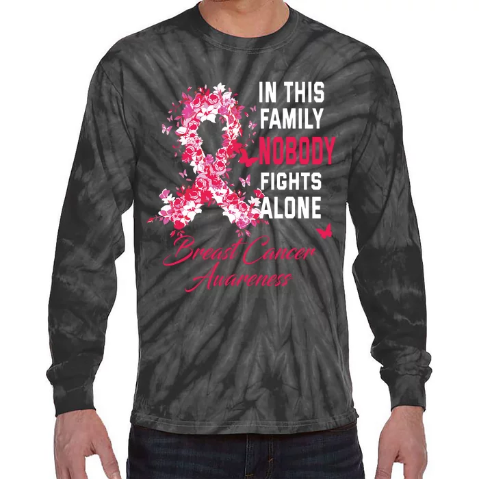 In This Family Nobody Fights Alone Breast Cancer Awareness Tie-Dye Long Sleeve Shirt