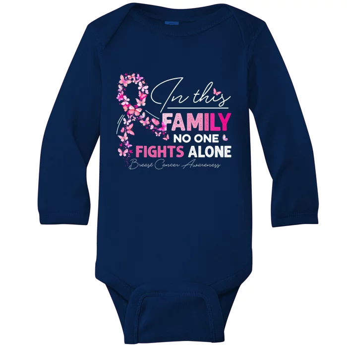 In This Family No One Fight Alone Breast Cancer Awareness Baby Long Sleeve Bodysuit