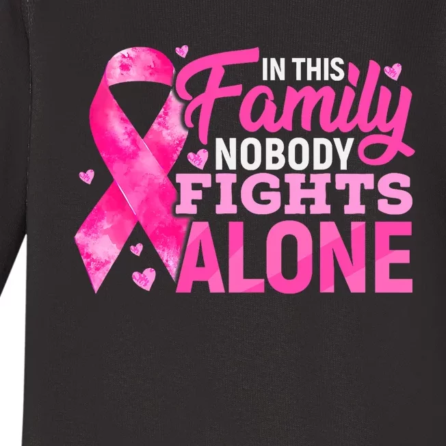 In This Family Nobody Fights Alone Breast Cancer Awareness Baby Long Sleeve Bodysuit