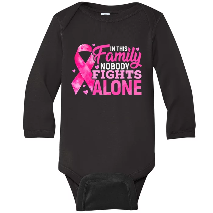 In This Family Nobody Fights Alone Breast Cancer Awareness Baby Long Sleeve Bodysuit