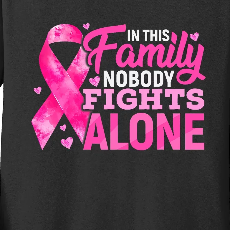 In This Family Nobody Fights Alone Breast Cancer Awareness Kids Long Sleeve Shirt