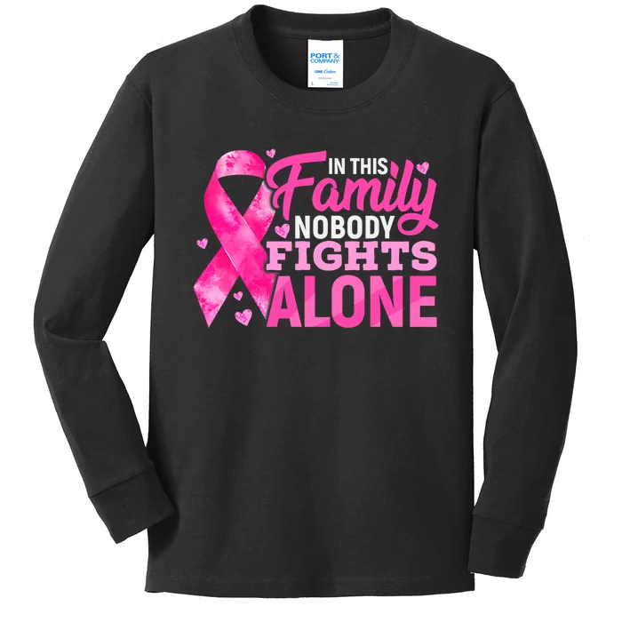 In This Family Nobody Fights Alone Breast Cancer Awareness Kids Long Sleeve Shirt