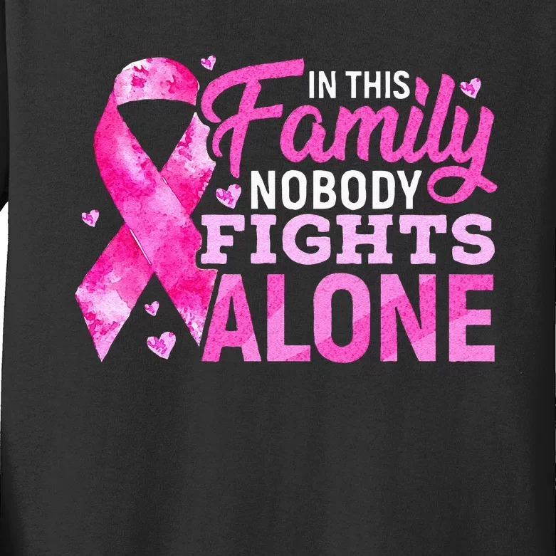 In This Family Nobody Fights Alone Breast Cancer Awareness Kids Long Sleeve Shirt