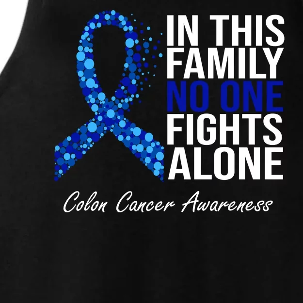 In This Family No One Fights Alone Colon Cancer Ribbon Ladies Tri-Blend Wicking Tank