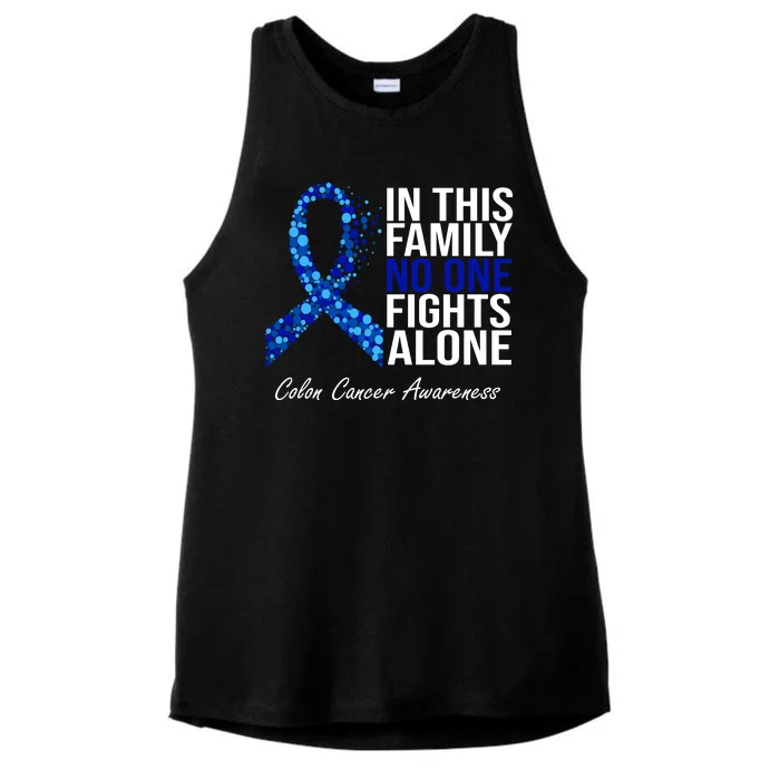 In This Family No One Fights Alone Colon Cancer Ribbon Ladies Tri-Blend Wicking Tank