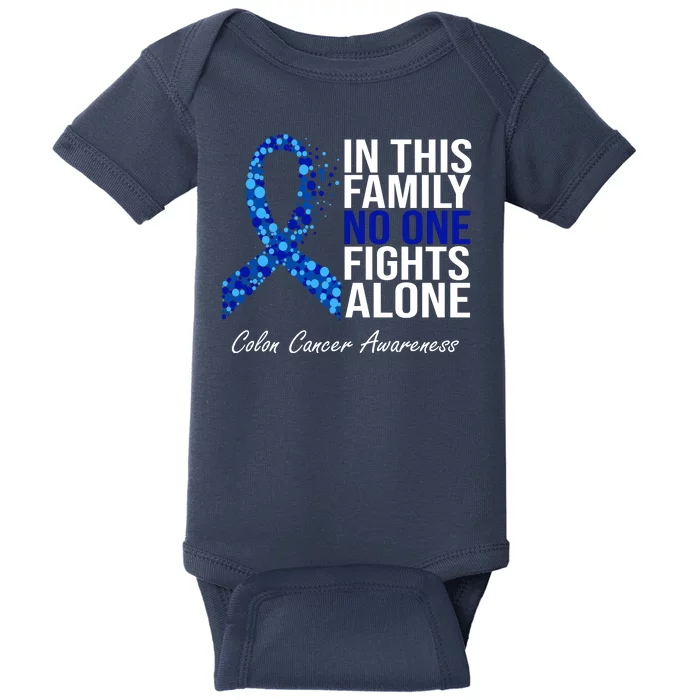 In This Family No One Fights Alone Colon Cancer Ribbon Baby Bodysuit