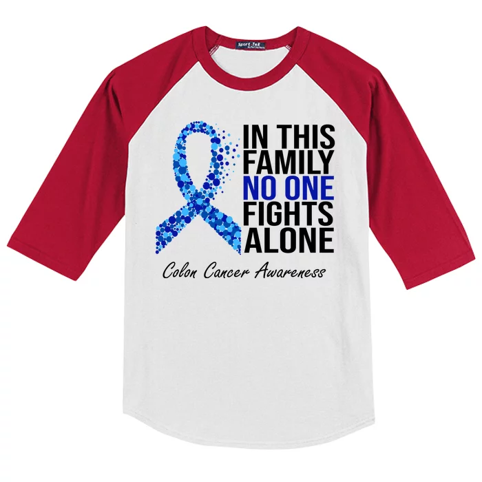 In This Family No One Fights Alone Colon Cancer Ribbon Kids Colorblock Raglan Jersey