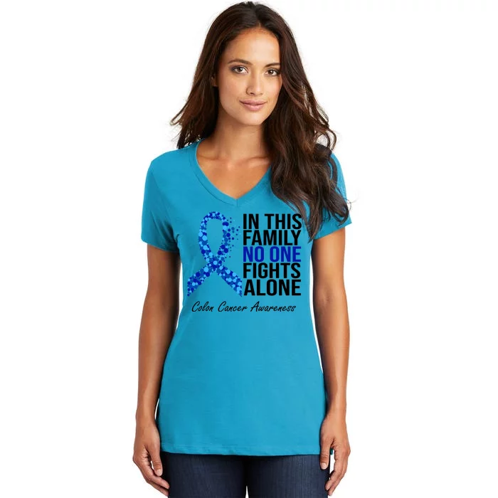 In This Family No One Fights Alone Colon Cancer Ribbon Women's V-Neck T-Shirt