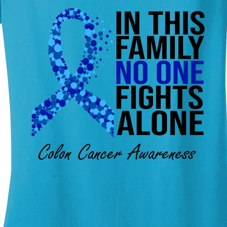 In This Family No One Fights Alone Colon Cancer Ribbon Women's V-Neck T-Shirt