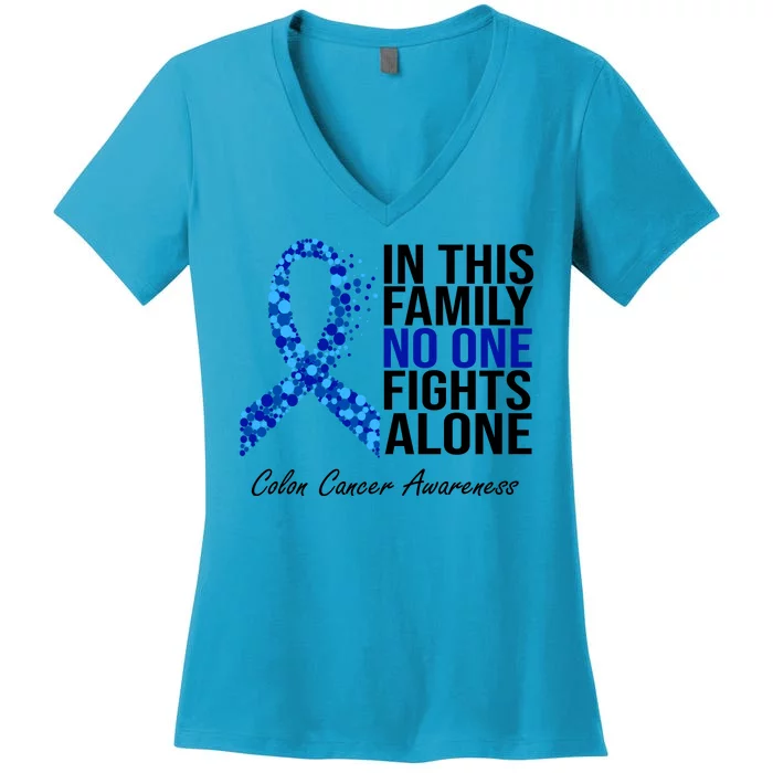 In This Family No One Fights Alone Colon Cancer Ribbon Women's V-Neck T-Shirt