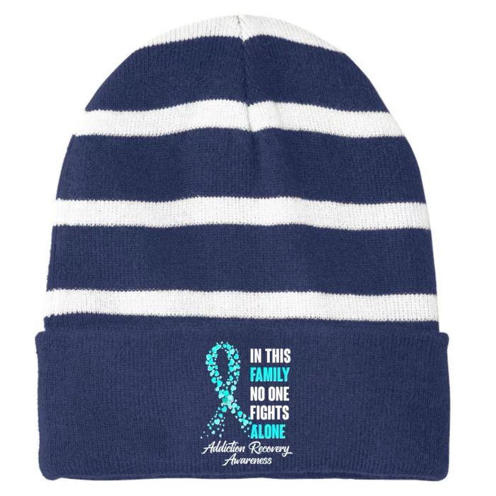 In This Family No One Fight Alone Addiction Recovery Awareness Striped Beanie with Solid Band