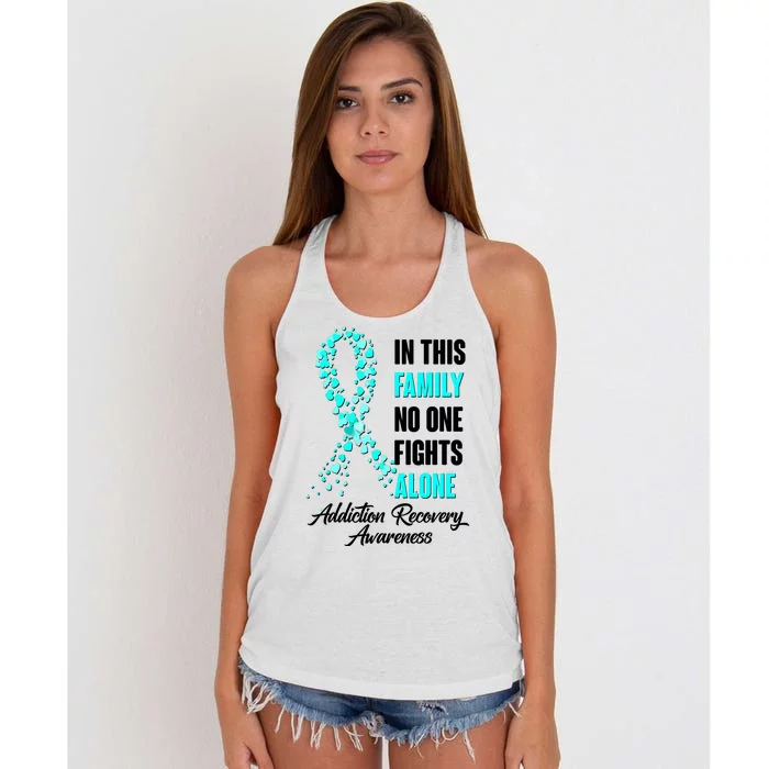 In This Family No One Fight Alone Addiction Recovery Awareness Women's Knotted Racerback Tank