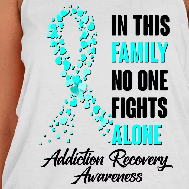 In This Family No One Fight Alone Addiction Recovery Awareness Women's Knotted Racerback Tank