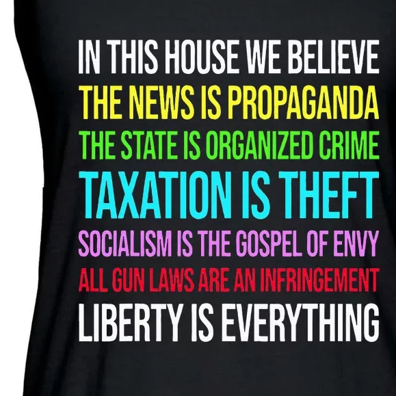 In This House We Believe The News Is Propaganda Ladies Essential Flowy Tank