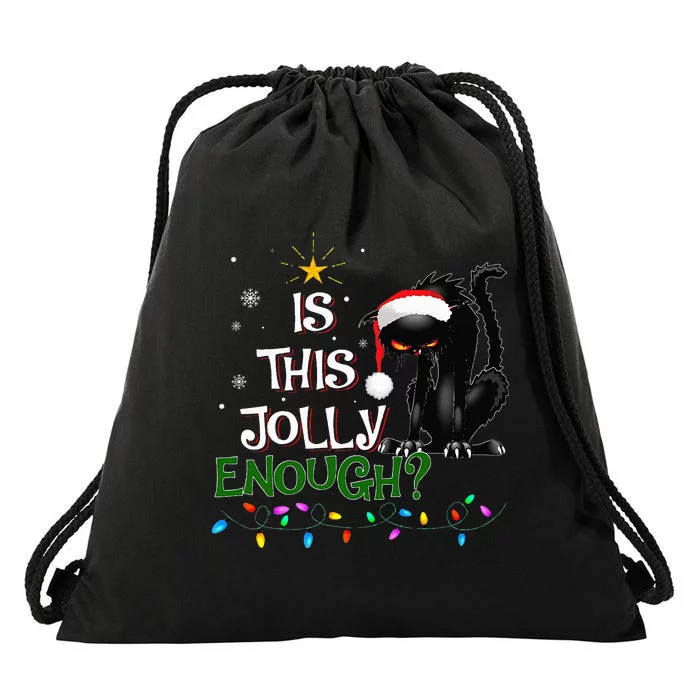 Is This Jolly Enough Noel Black Cat Pajama Xmas Drawstring Bag