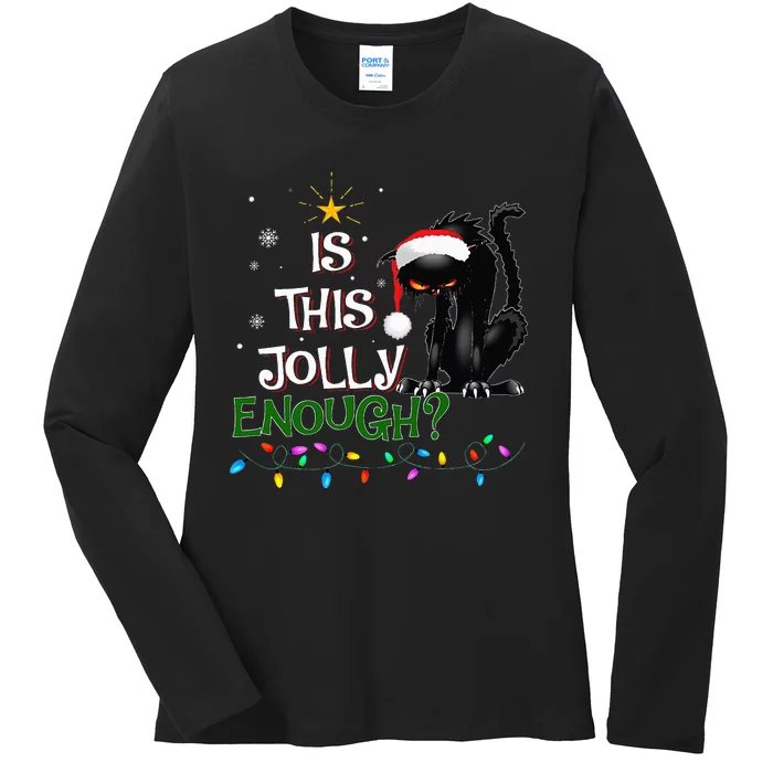 Is This Jolly Enough Noel Black Cat Pajama Xmas Ladies Long Sleeve Shirt