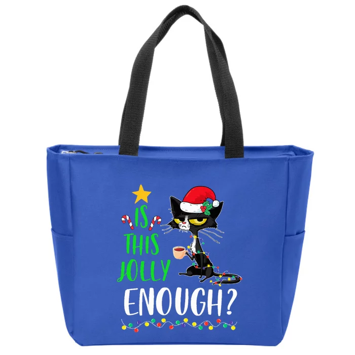 Is This Jolly Enough Black Cat Merry Christmas Tree Lights Zip Tote Bag