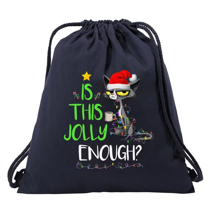 Is This Jolly Enough Black Cat Merry Christmas Tree Lights Drawstring Bag