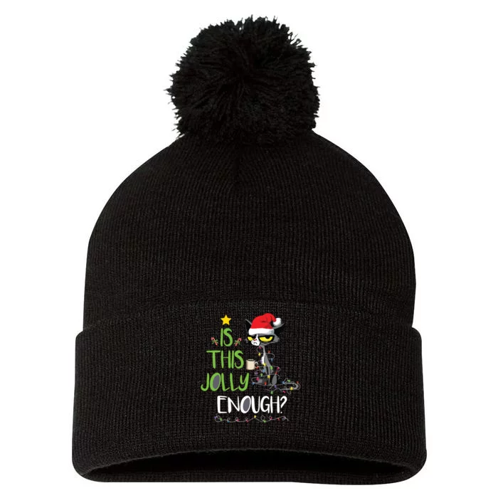 Is This Jolly Enough Black Cat Merry Christmas Tree Lights Pom Pom 12in Knit Beanie