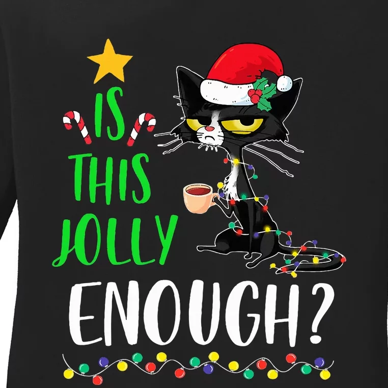 Is This Jolly Enough Black Cat Merry Christmas Tree Lights Ladies Long Sleeve Shirt