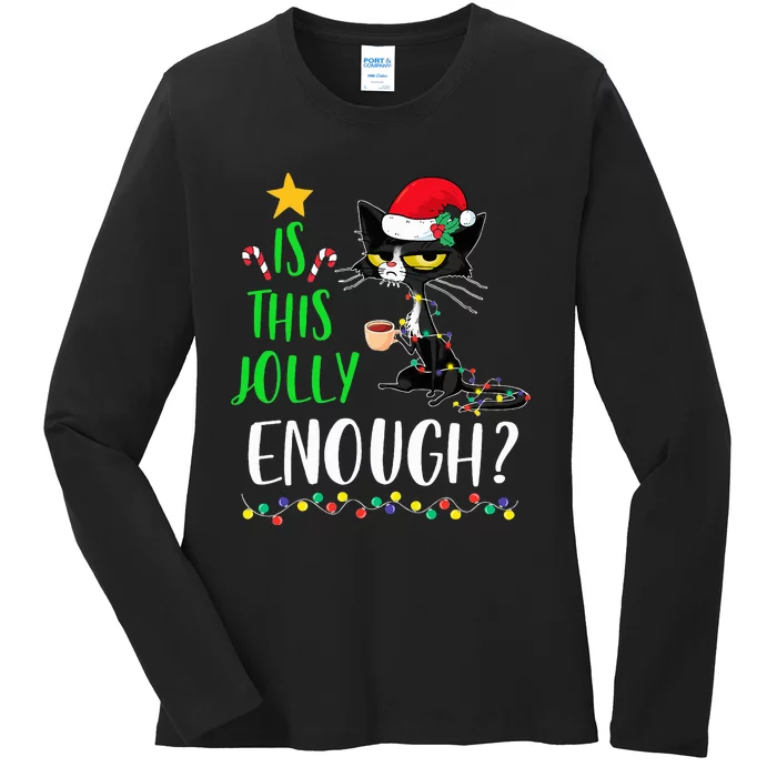 Is This Jolly Enough Black Cat Merry Christmas Tree Lights Ladies Long Sleeve Shirt