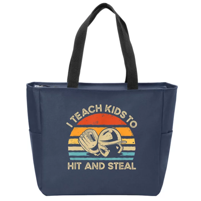 I Teach Kids To Hit And Steal Funny Retro Vintage Baseball Zip Tote Bag