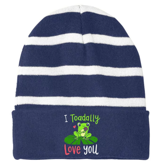 I Toadally Love You Cute Frog Themed Animal Pun Costume Striped Beanie with Solid Band