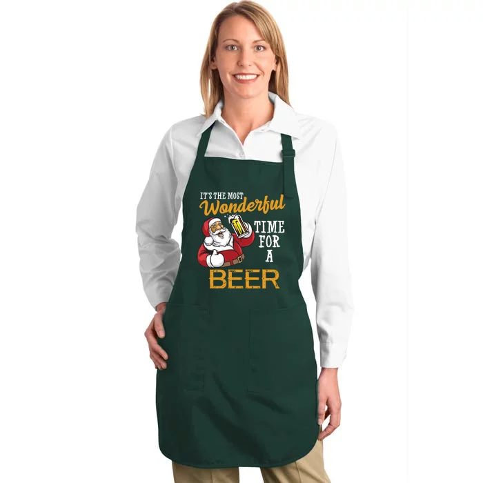 It's The Most Wonderful Time For A Beer Funny Santa Christmas Full-Length Apron With Pocket