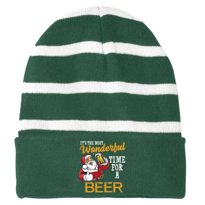 It's The Most Wonderful Time For A Beer Funny Santa Christmas Striped Beanie with Solid Band