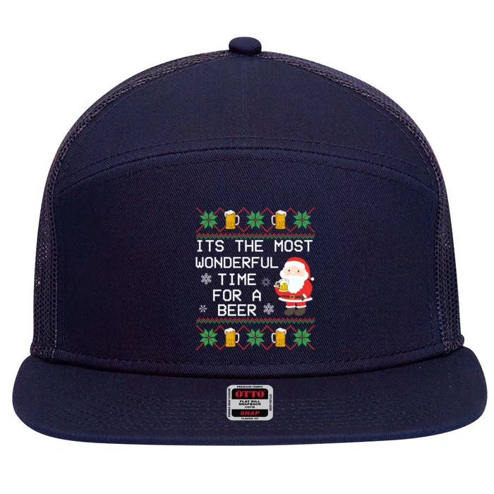 ItS The Most Wonderful Time For A Beer Santa Christmas Gift 7 Panel Mesh Trucker Snapback Hat