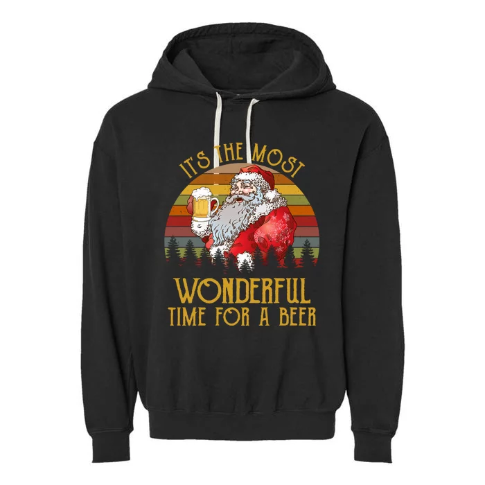 ItS The Most Wonderful Time For A Beer Retro Santa Claus Garment-Dyed Fleece Hoodie