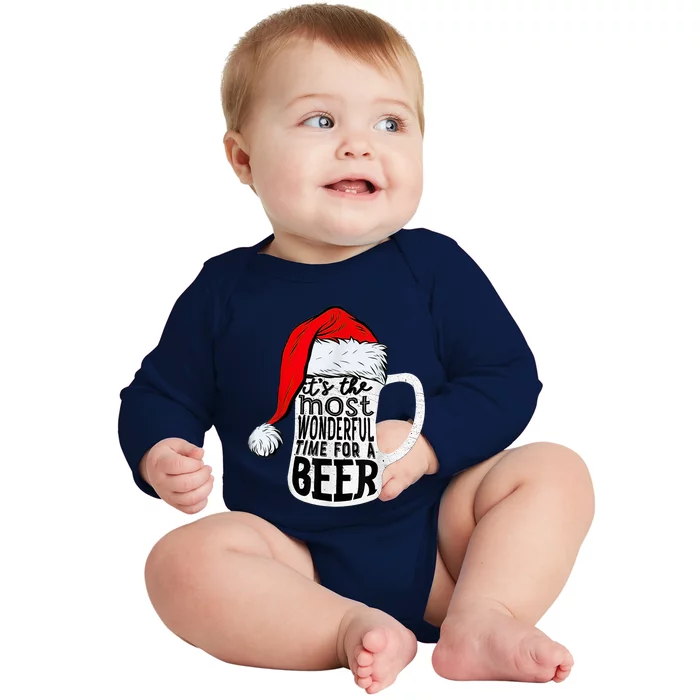 It's The Most Wonderful Time For A Beer Santa Hat Christmas Baby Long Sleeve Bodysuit