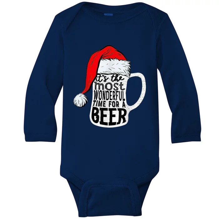 It's The Most Wonderful Time For A Beer Santa Hat Christmas Baby Long Sleeve Bodysuit