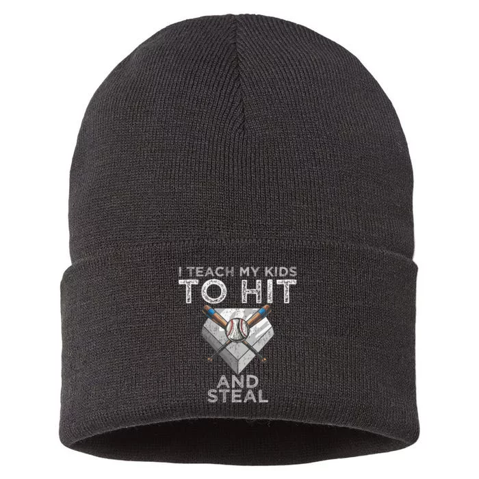 I Teach My To Hit And Steal Father Coach Baseball Dad Sustainable Knit Beanie