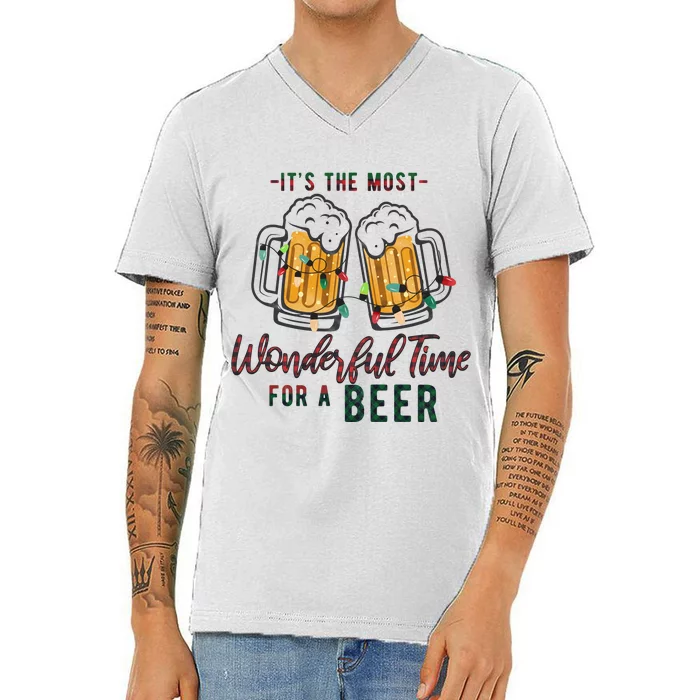 Its The Most Wonderful Time For A Beer Santa Hat Christmas V-Neck T-Shirt