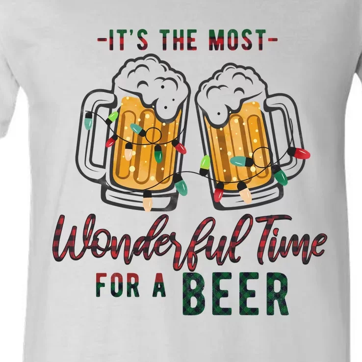 Its The Most Wonderful Time For A Beer Santa Hat Christmas V-Neck T-Shirt