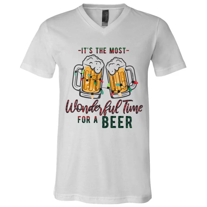 Its The Most Wonderful Time For A Beer Santa Hat Christmas V-Neck T-Shirt