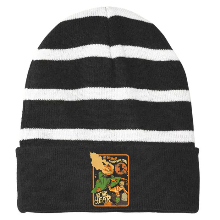 ItS The Most Wonderful Time Of The Year Halloween Vintage Striped Beanie with Solid Band